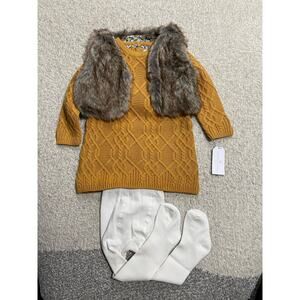 NWT Adrienne Vittadini Girls 18M Sweater Faux Fur Vest Tights Set Spruce Yellow